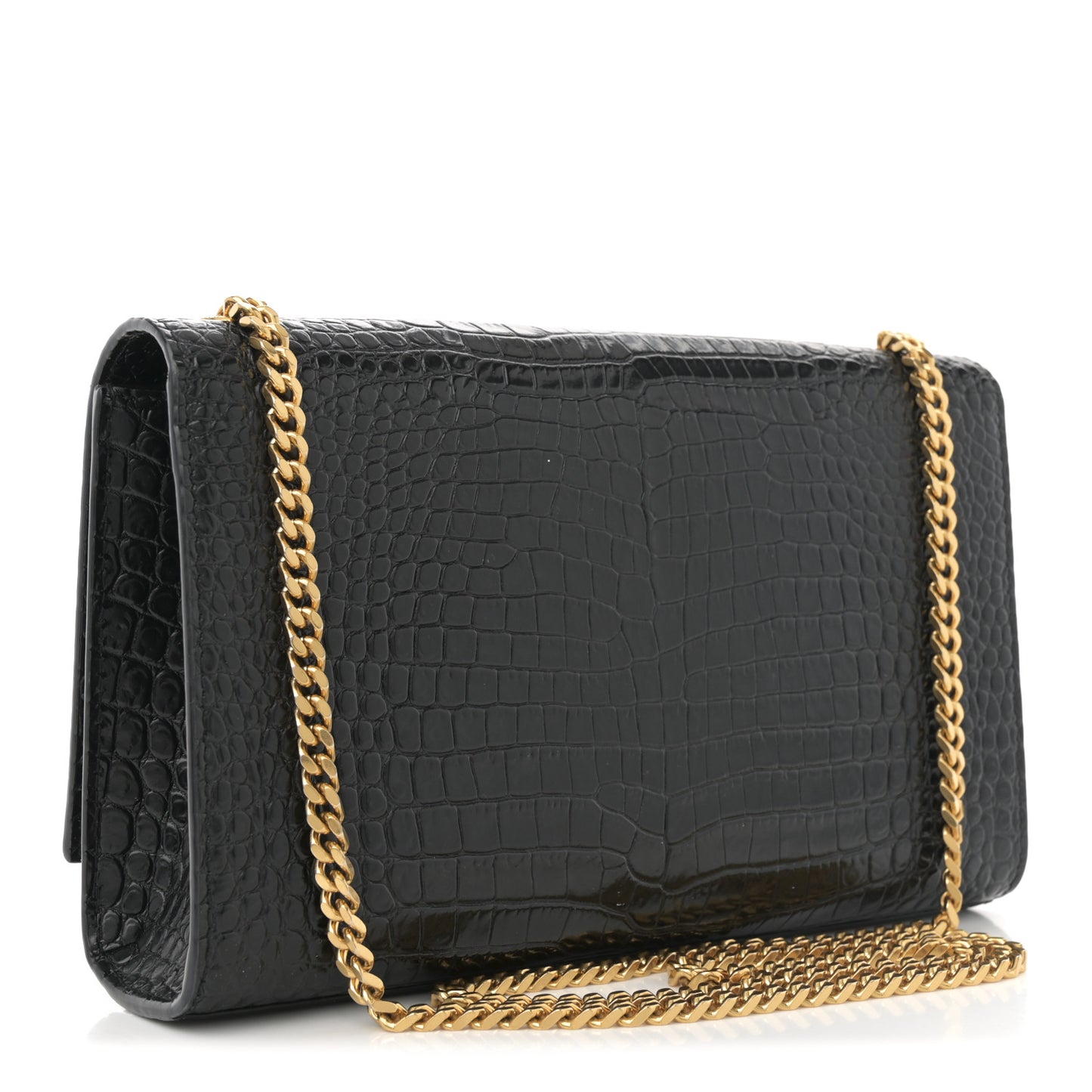 Calfskin Crocodile Embossed Medium Classic Monogram Kate Tassel Satchel Black
