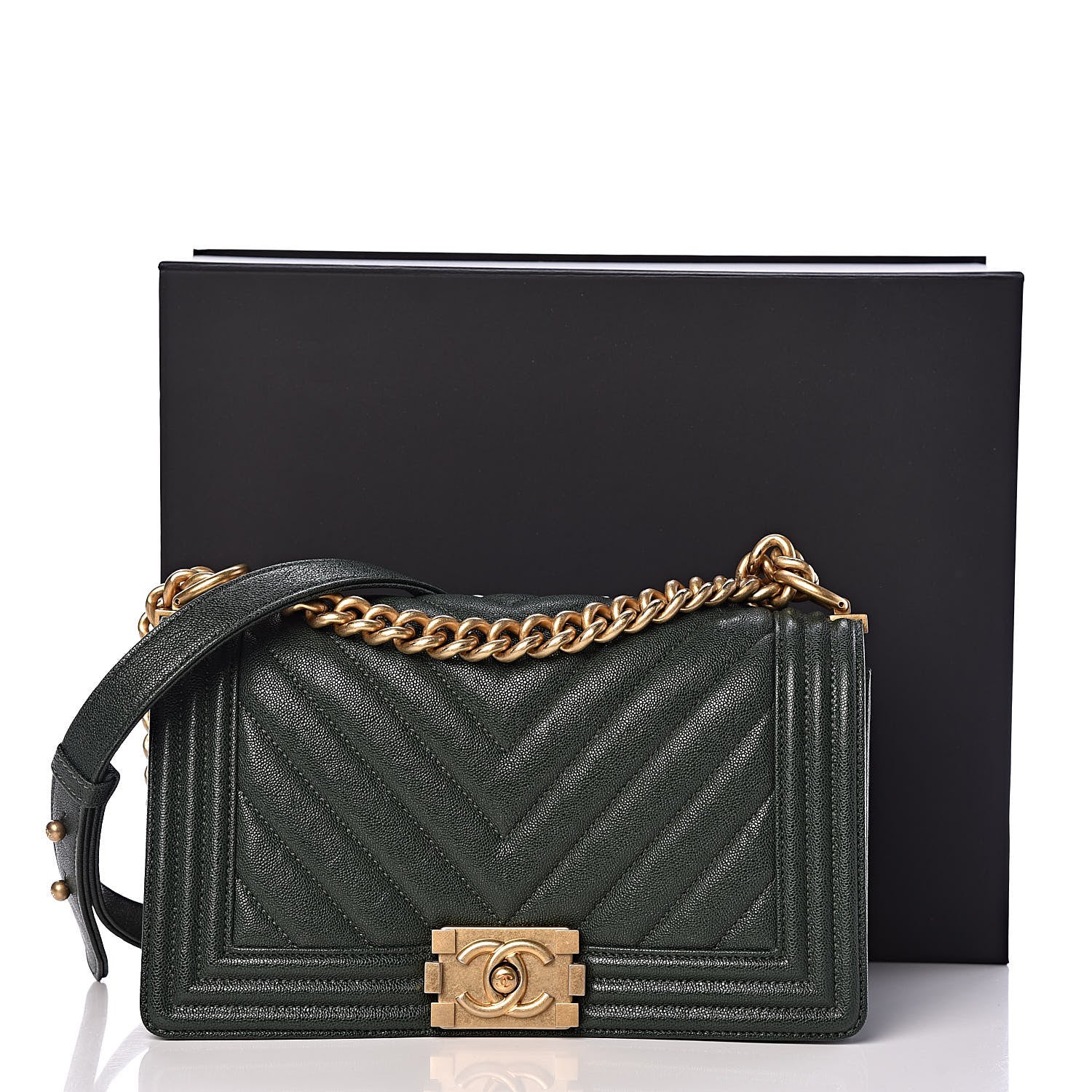 Chanel Caviar Chevron Quilted Medium Boy Flap Dark Green 10 of 10