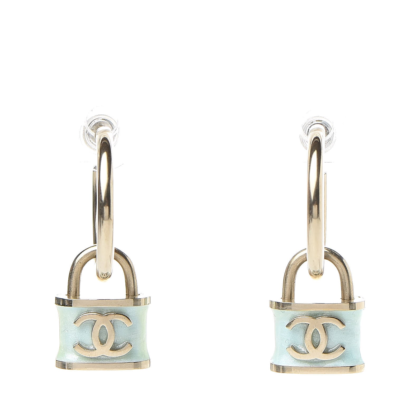 Chanel Resin Glitter Padlock CC Hoop Earrings Blue Gold 1 of 5
