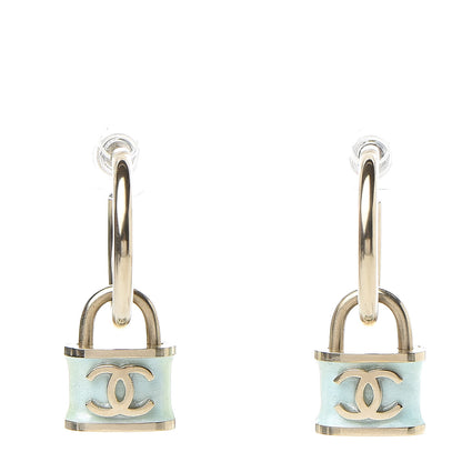 Chanel Resin Glitter Padlock CC Hoop Earrings Blue Gold 1 of 5