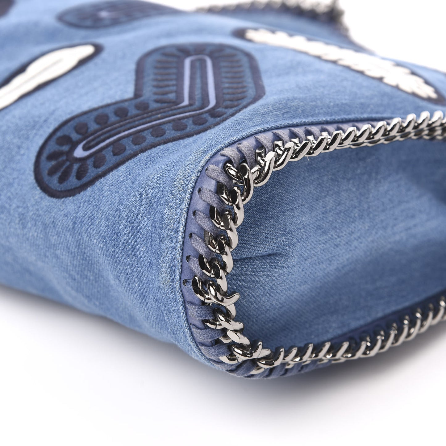 Eco Denim Embroidered Zigarette Falabella Fold Over Tote Blue