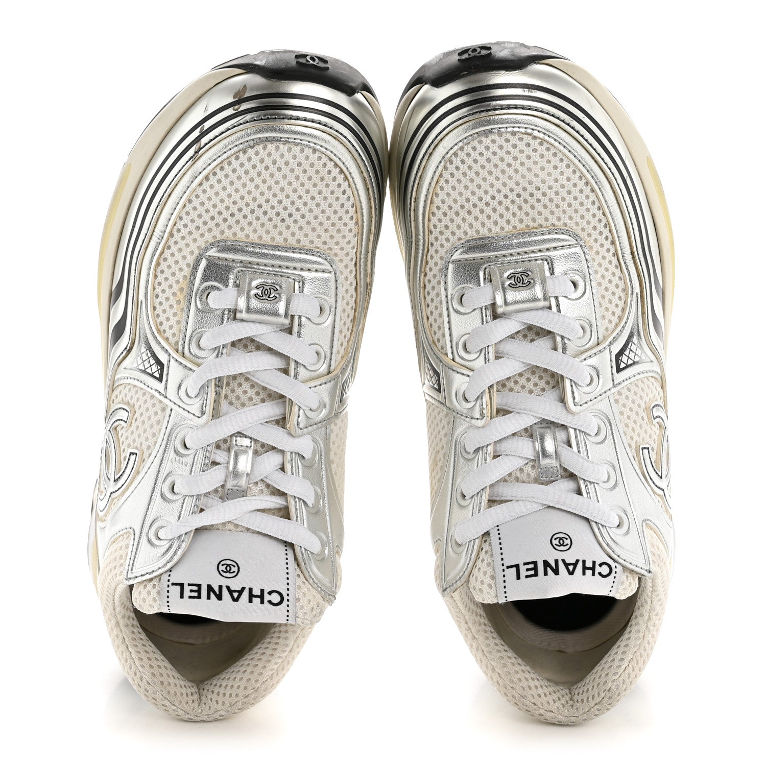 Chanel Fabric Laminated Calfskin Stretch CC Sneakers 36 White