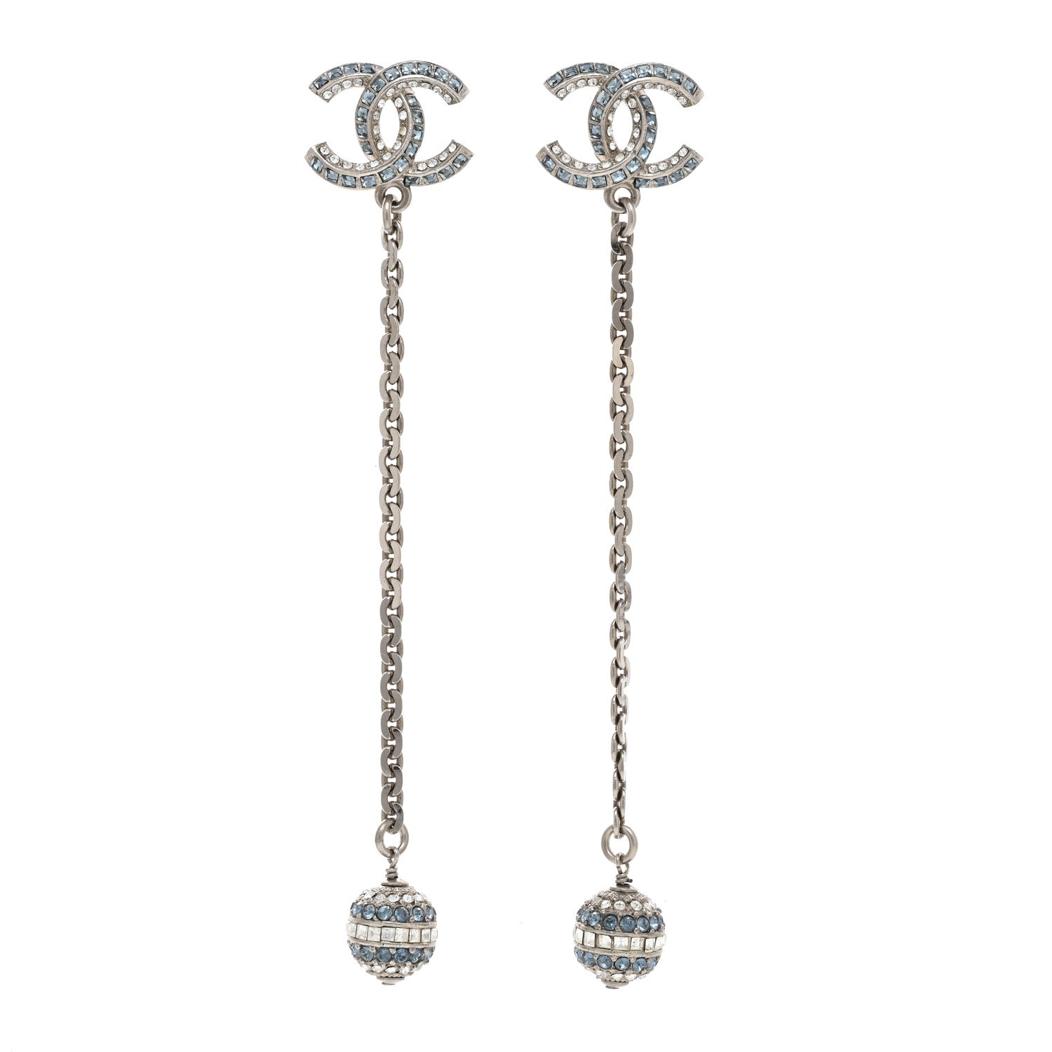 Chanel Crystal Drop Long CC Earrings Silver 1 of 4
