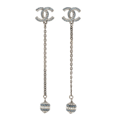 Chanel Crystal Drop Long CC Earrings Silver 1 of 4