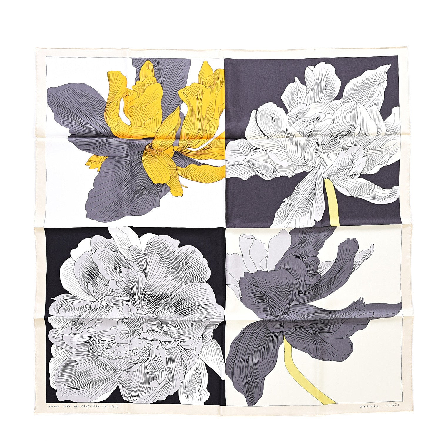 Hermes Silk Etude Pour Un Iris Arc En Ciel Scarf 90 Creme Black Bouton D'Or 2 of 6