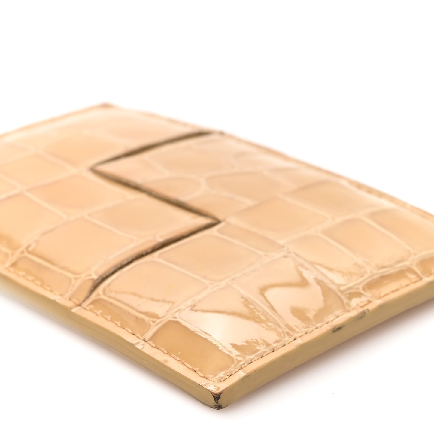 Gloss Calfskin Crocodile Embossed Card Holder Wallet Praline
