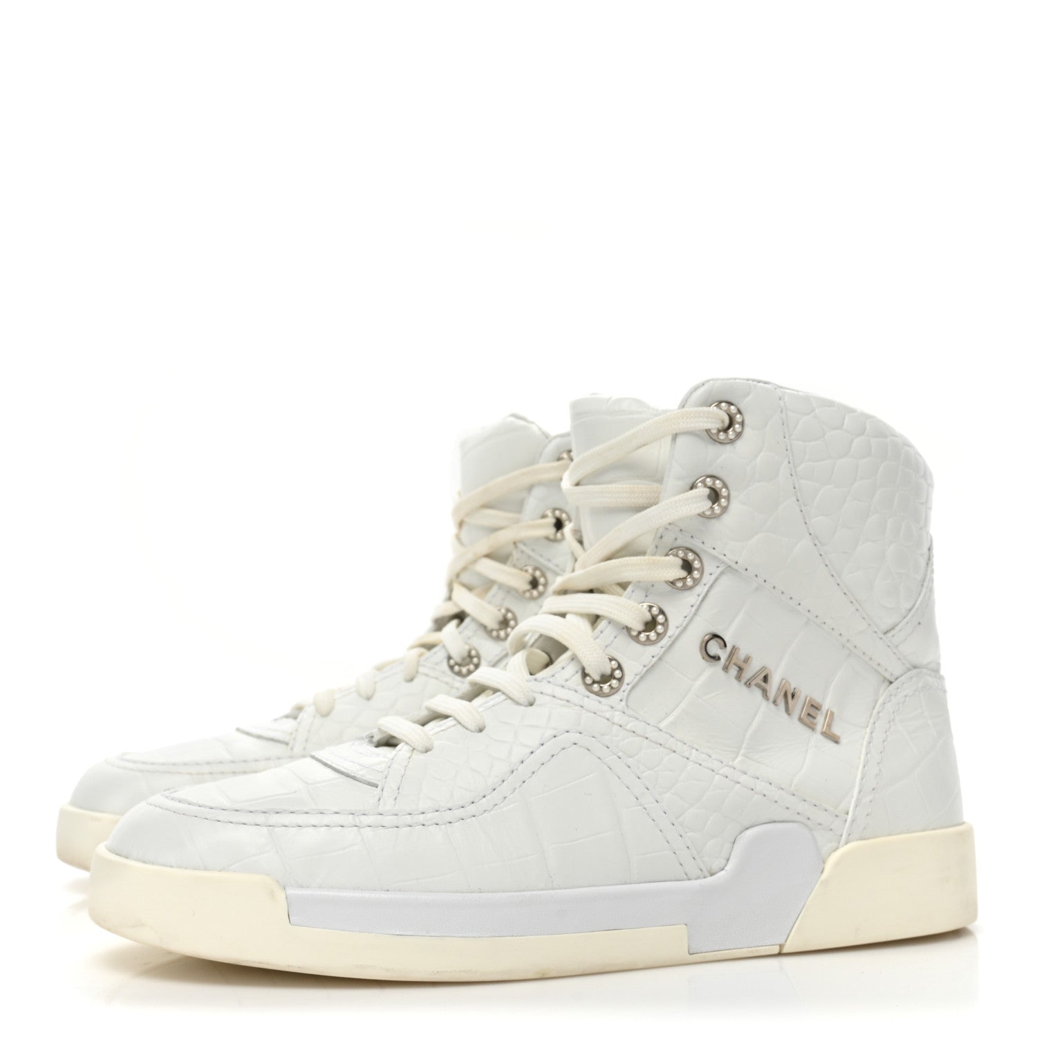 Chanel Calfskin Crocodile Embossed Cocodile High Top Sneakers 39.5 White 3 of 13