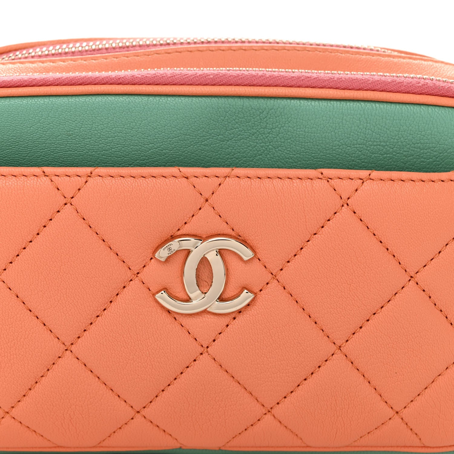 Chanel Goatskin Quilted Tri-Color In & Out Waist Bag Orange Green Pink 10 of 13