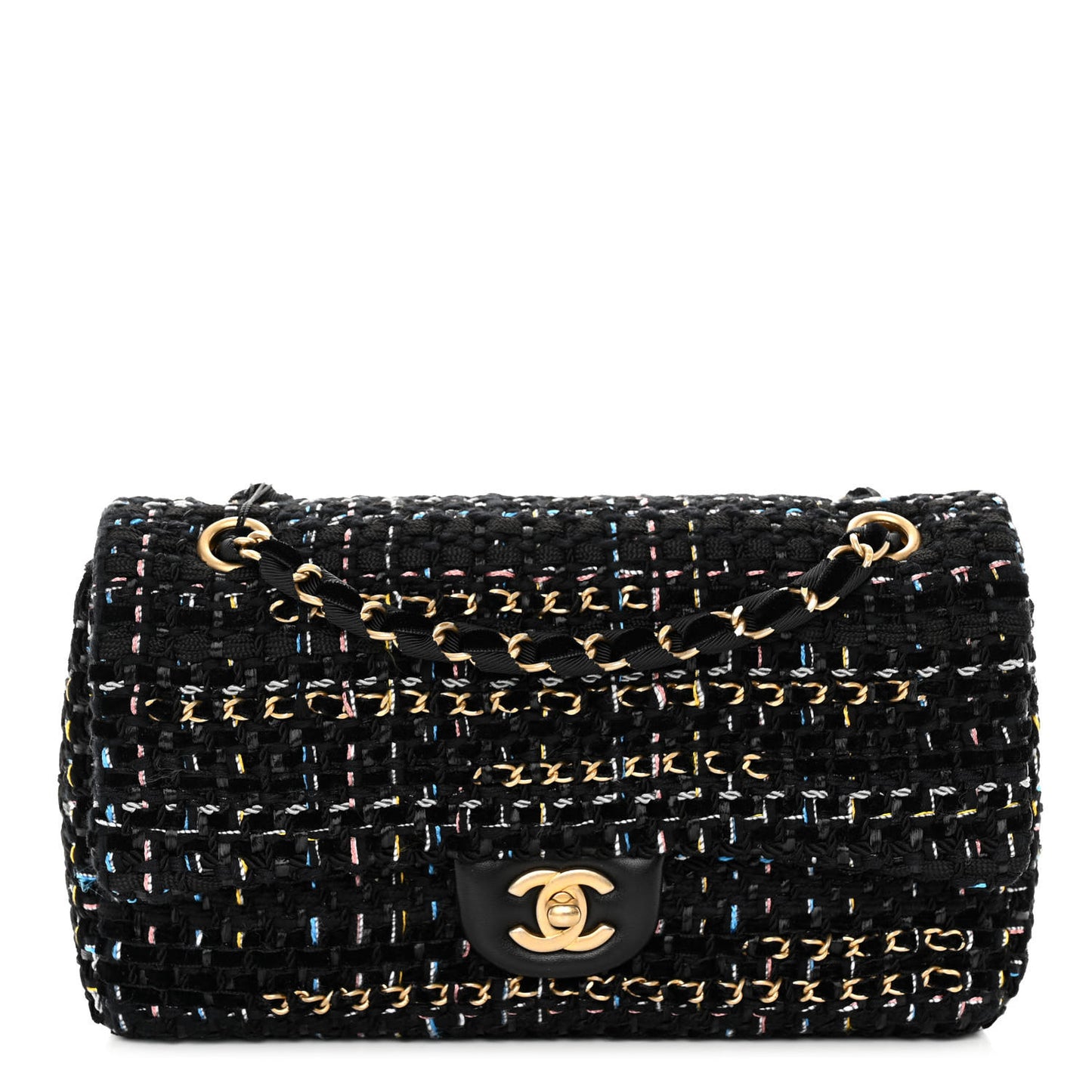 Cotton Raffia Lambskin Woven Medium Single Flap Black