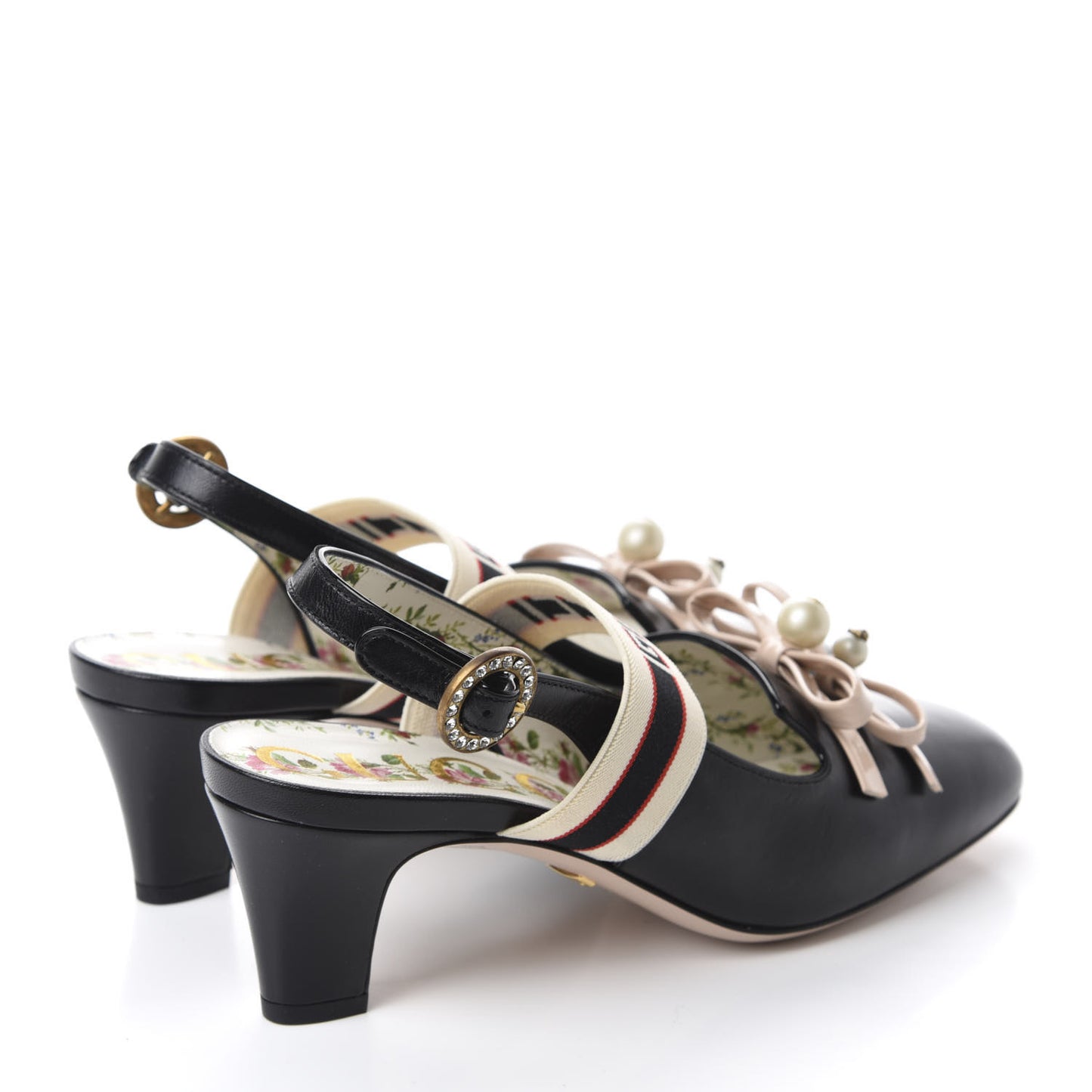 Malaga Kid Bow Ace Stripe Mid Heel Slingback Pumps 38 Black