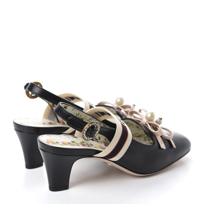 Gucci Malaga Kid Bow Ace Stripe Mid Heel Slingback Pumps 38 Black 4 of 10