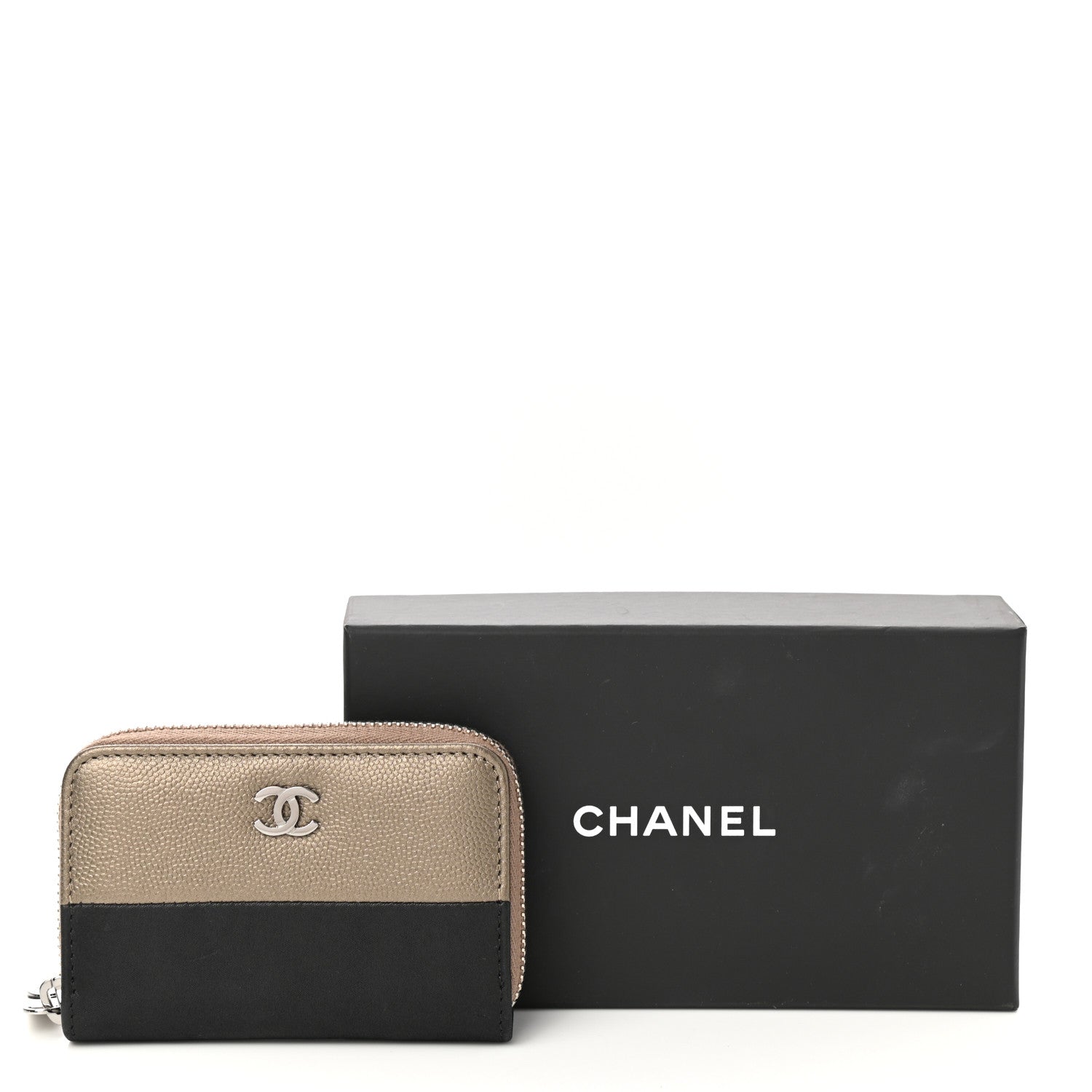 Chanel Iridescent Caviar Satin Zip Coin Purse Light Gold Black 8 of 8