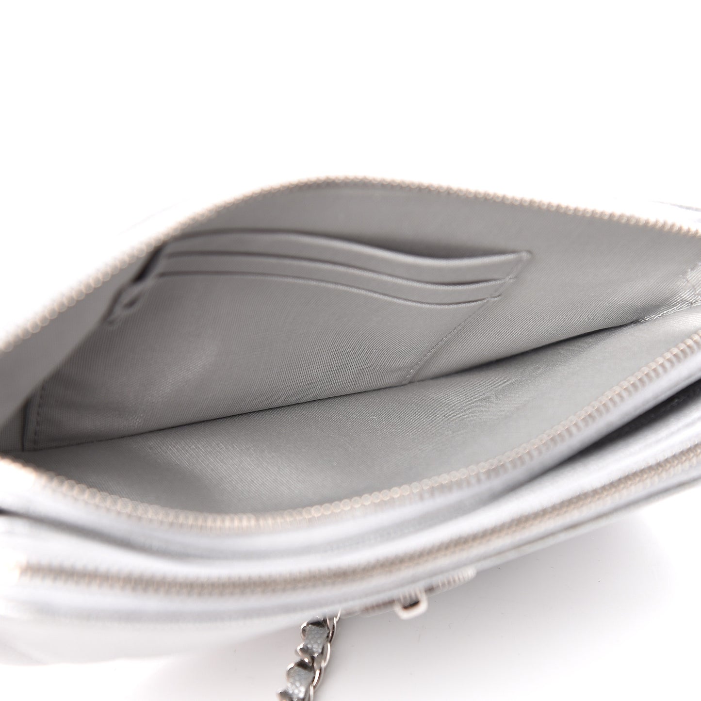 Metallic Caviar Chevron Quilted Small Vintage Mademoiselle Clutch With Chain Silver