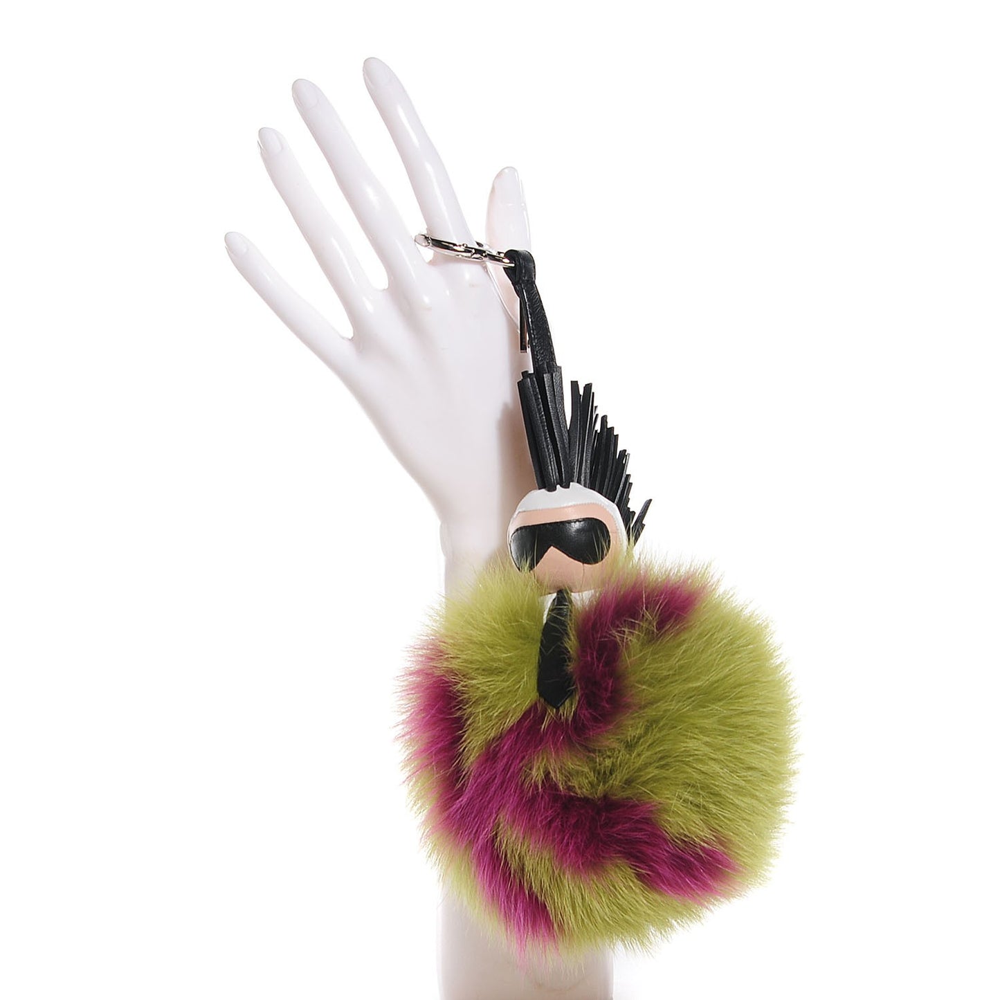 Fox Fur Shiny Nappa Super Karlito Pom Pom Bag Charm Malachite Multicolor Black