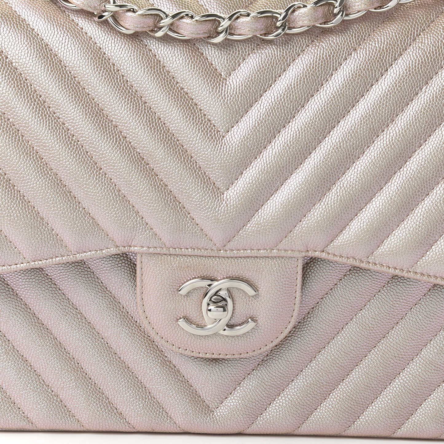 Metallic Caviar Chevron Quilted Jumbo Double Flap Light Gold