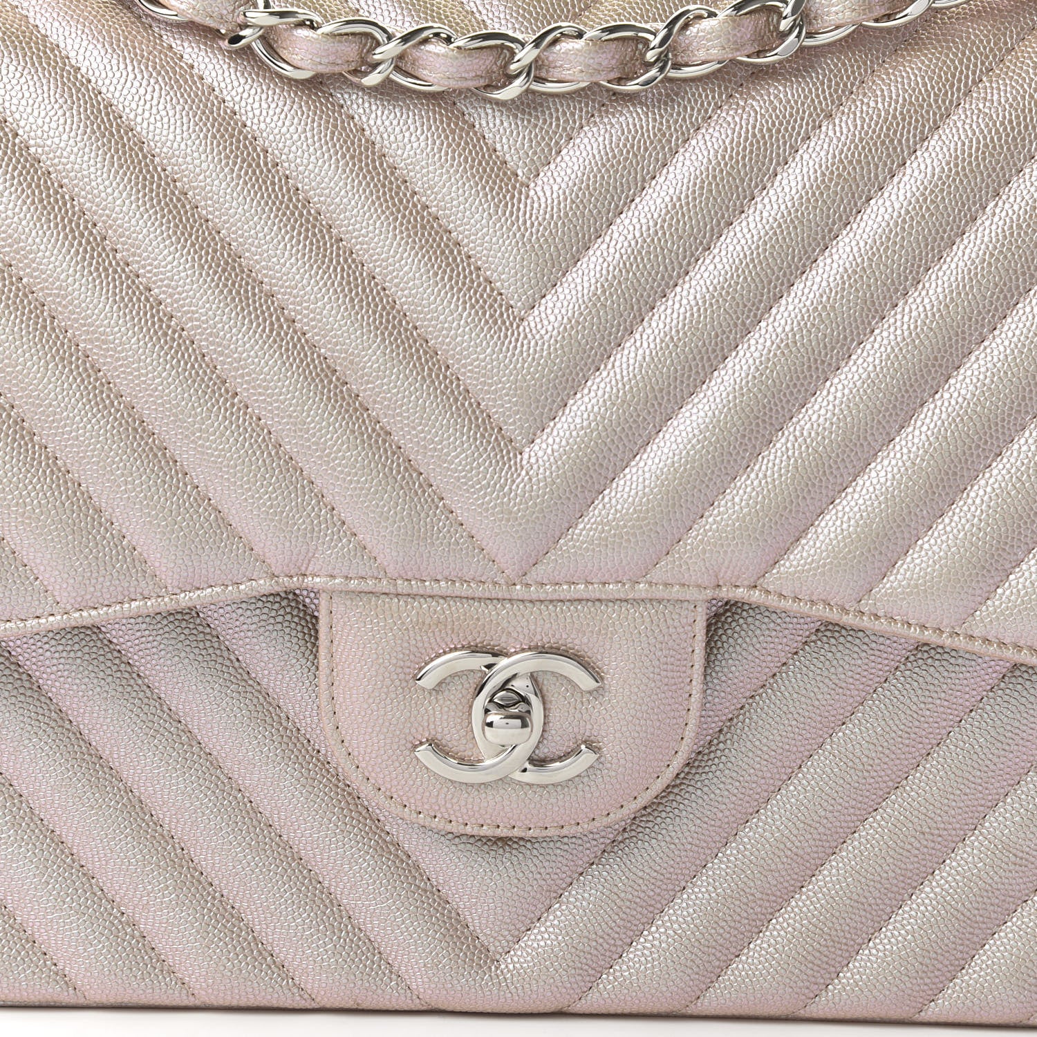Chanel Metallic Caviar Chevron Quilted Jumbo Double Flap Light Gold 10 of 11