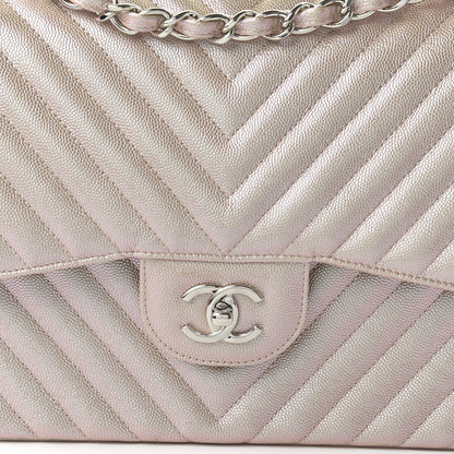 Chanel Metallic Caviar Chevron Quilted Jumbo Double Flap Light Gold 10 of 11