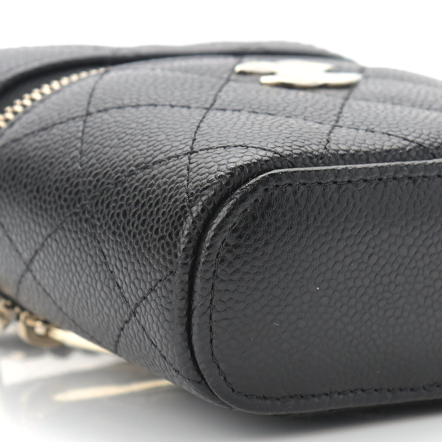 Caviar Quilted Small Handle With Care Vanity Case With Chain Black