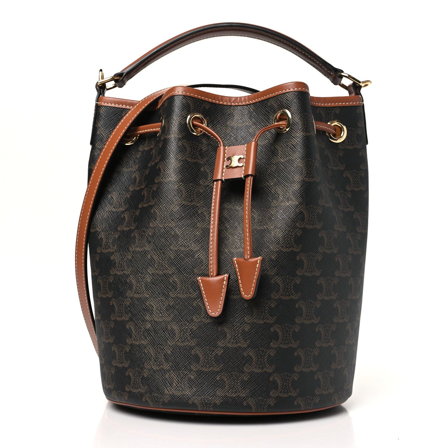 Triomphe Canvas Calfskin Clara Drawstring Bucket Bag Tan