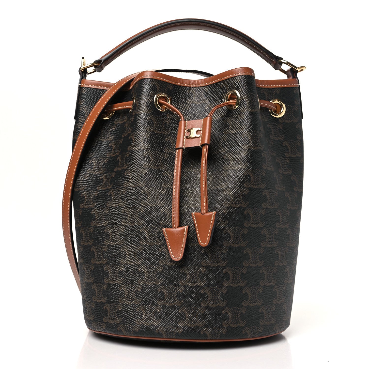 Celine Triomphe Canvas Calfskin Clara Drawstring Bucket Bag Tan 1 of 9