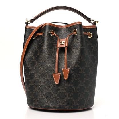 Celine Triomphe Canvas Calfskin Clara Drawstring Bucket Bag Tan 1 of 9