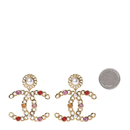 Chanel Pearl Crystal Chain Link CC Drop Earrings Gold Red Pink Yellow 2 of 5