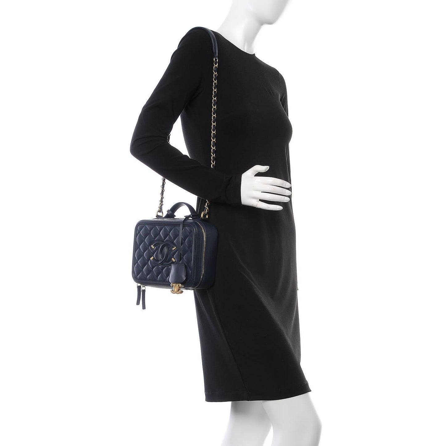 Caviar Quilted Medium CC Filigree Vanity Case Navy