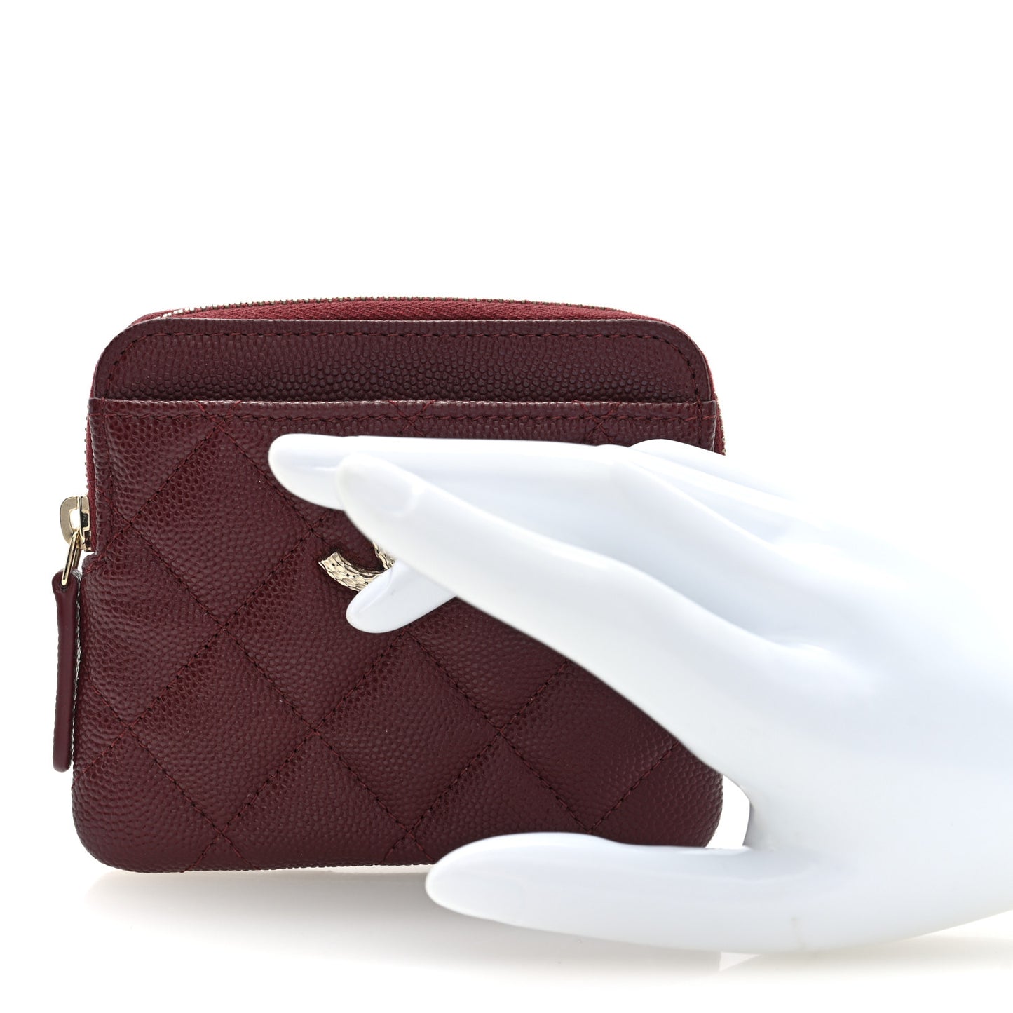 Caviar Quilted Crystal Zip Card Holder Wallet Burgundy