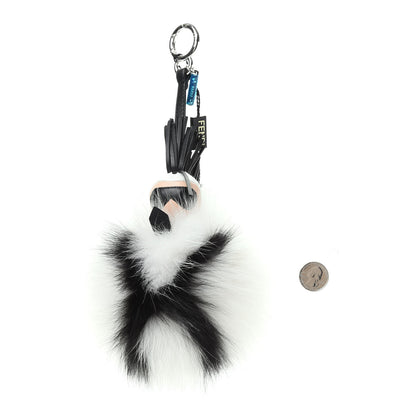 Fendi Lambskin Fox Fur Super Karlito Pom Pom Bag Charm Black White 2 of 3