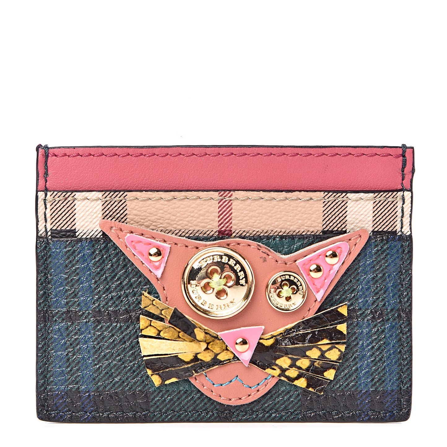 Calfskin Haymarket Check Cat Appliqué Card Case Multicolor