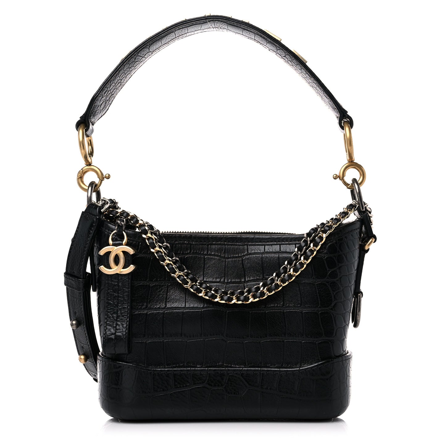 Calfskin Crocodile Embossed Small Gabrielle Cocodile Hobo Black