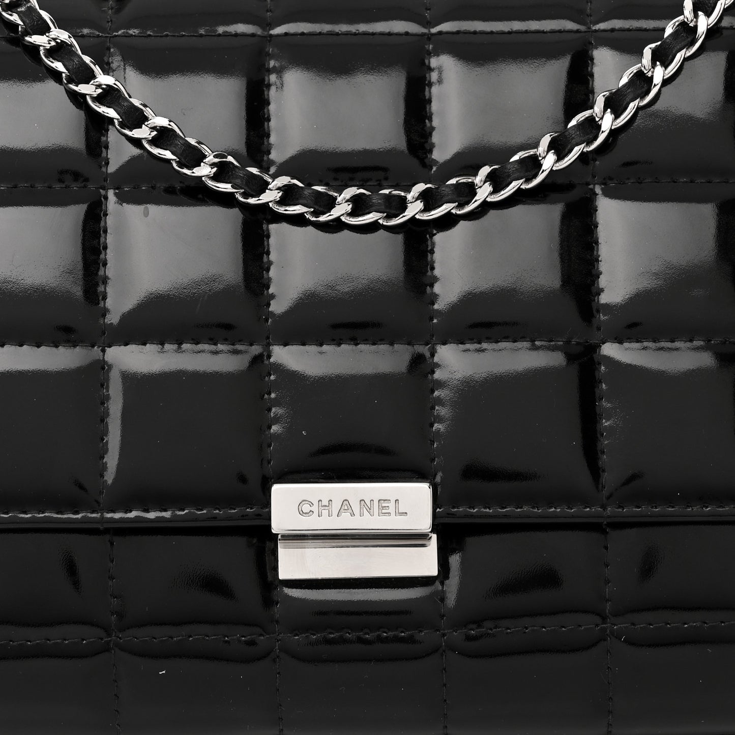 Patent Chocolate Bar Chain Clutch Black