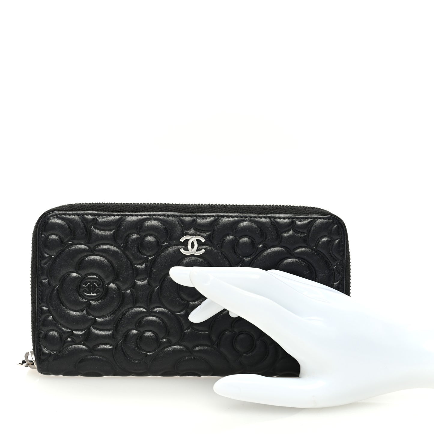 Lambskin Camellia Embossed Large Zip Around Gusset Wallet Black