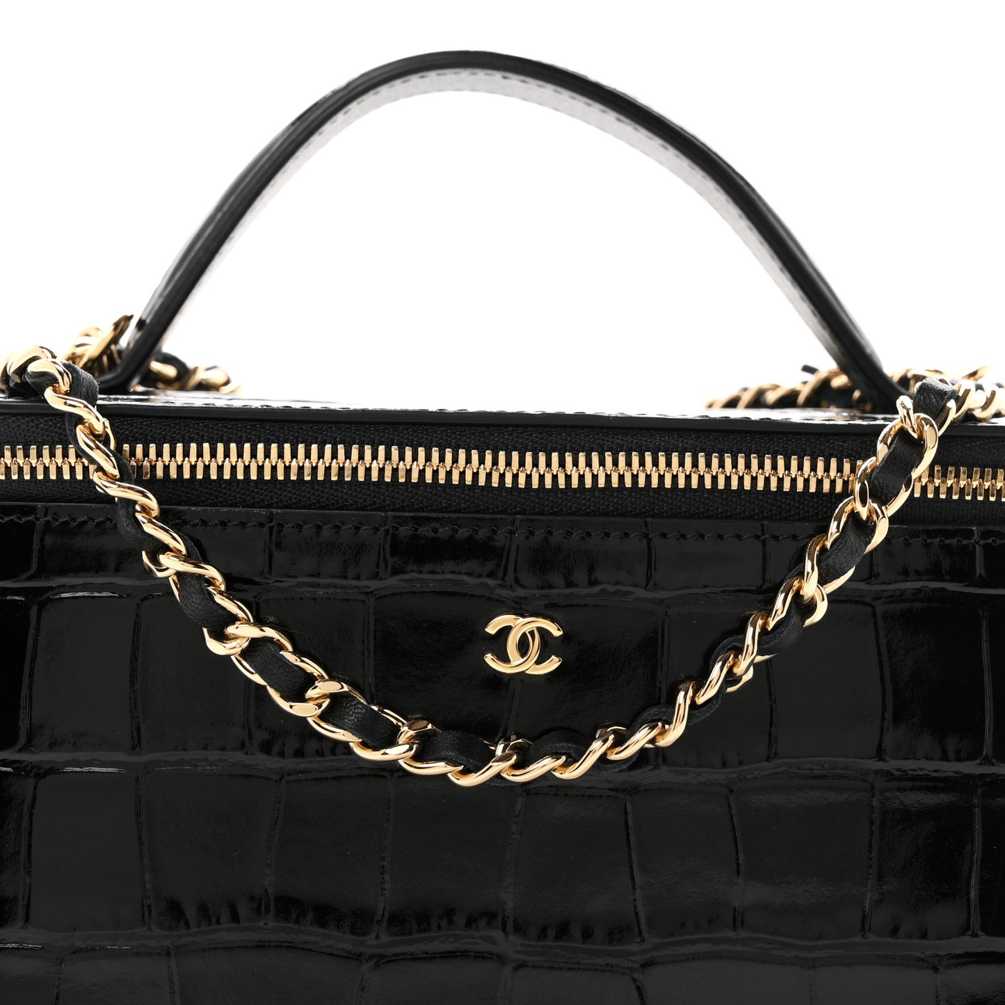 Calfskin Crocodile Embossed Crococo Small Top Handle Vanity Case With Chain Black