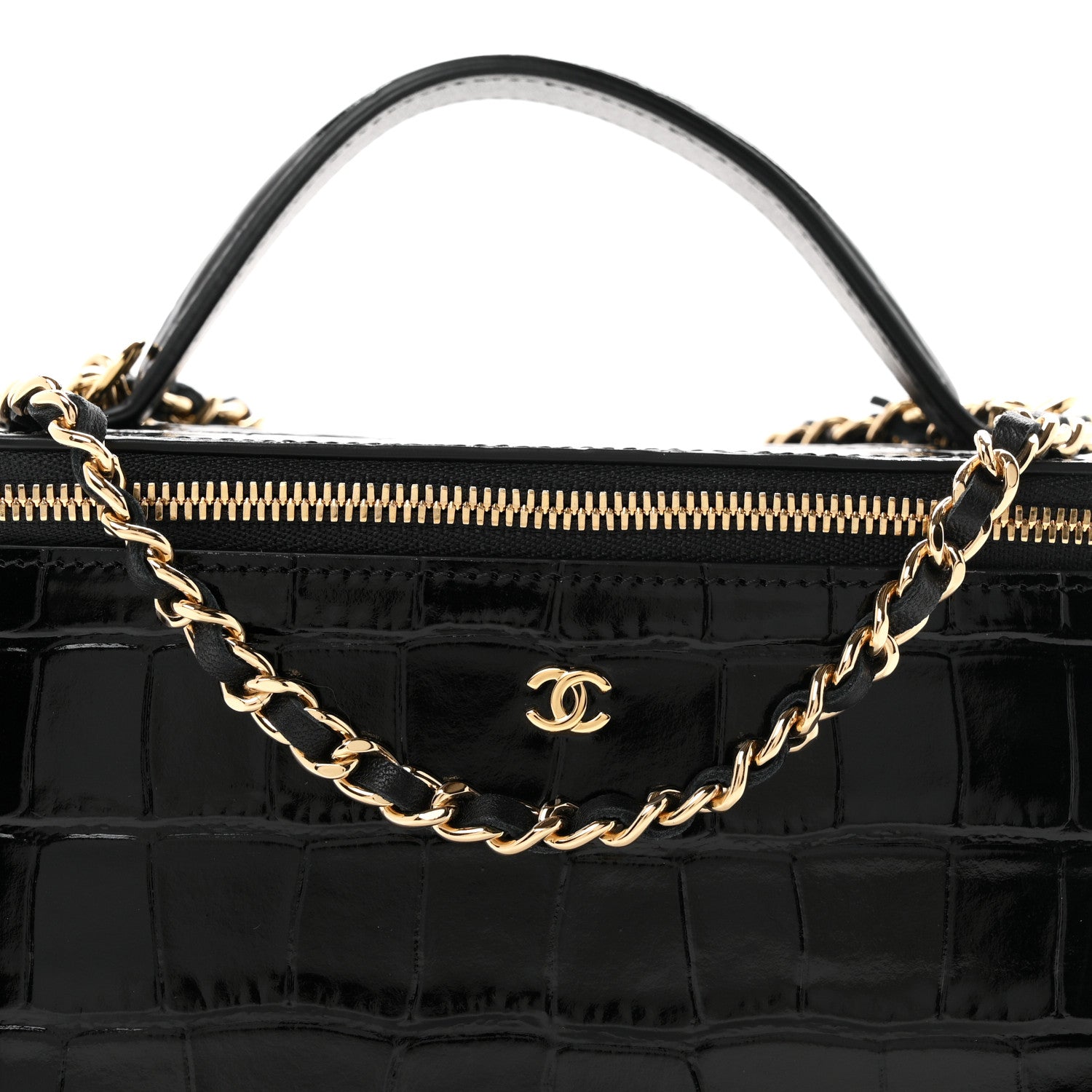 Chanel Calfskin Crocodile Embossed Crococo Small Top Handle Vanity Case With Chain Black 8 of 11
