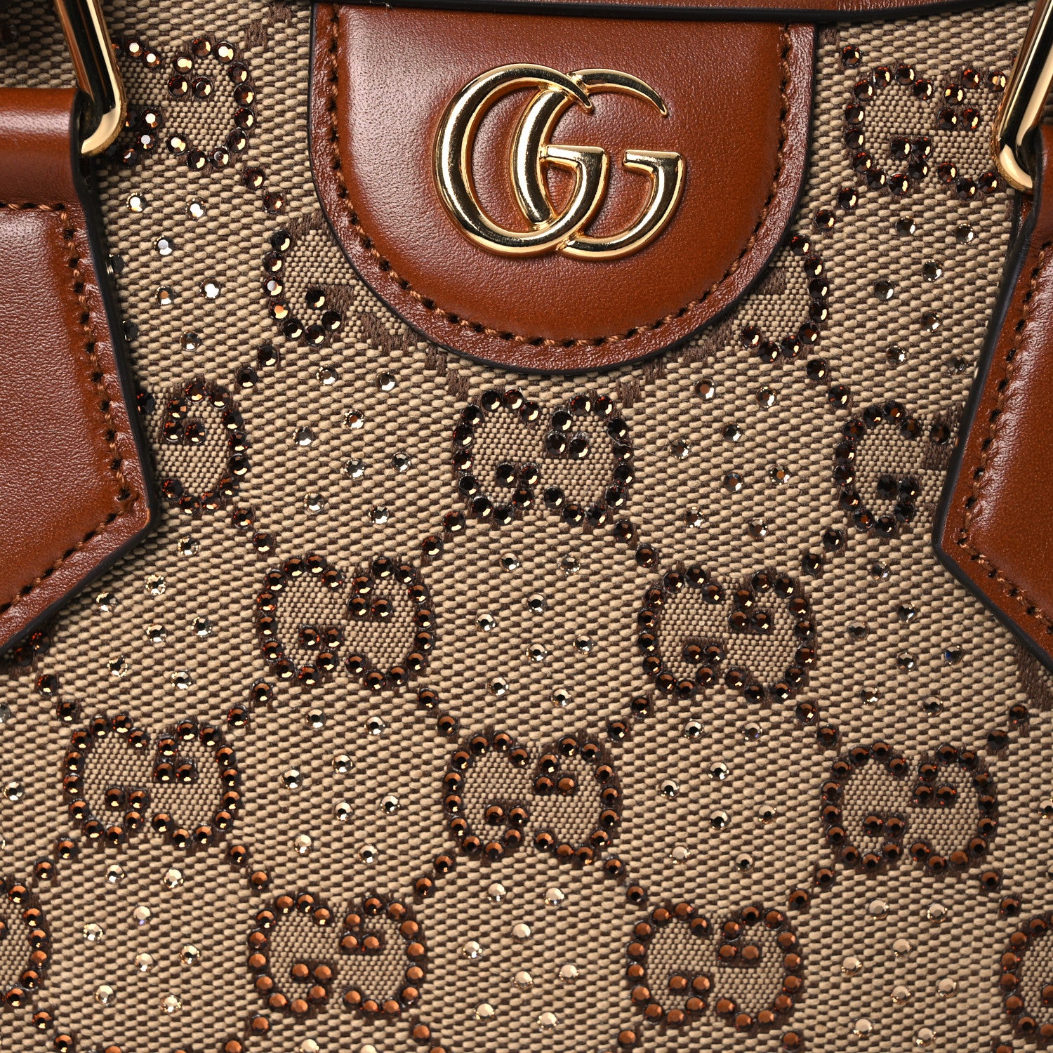 Gucci New Canvas Charisma Calfskin Crystal GG Monogram Mini Diana Tote Bag Camel Ebony 8 of 13