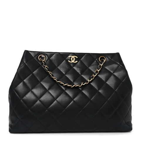 Lambskin Quilted Small Shopping Tote Black