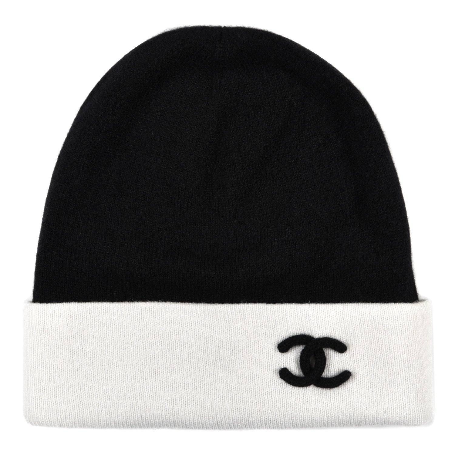 Chanel Cashmere Quilted CC Beanie Hat White Black 1 of 6