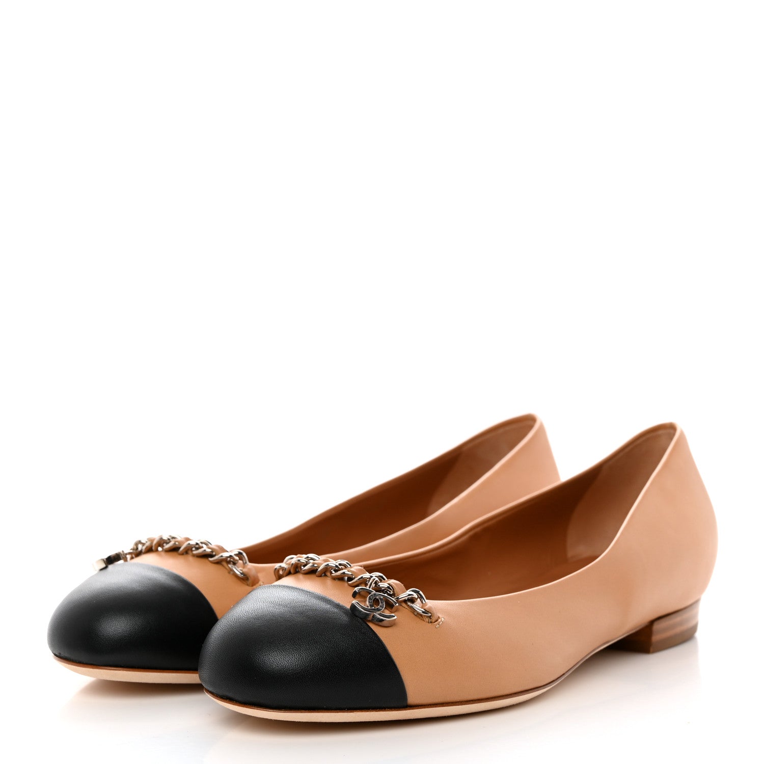Chanel Lambskin Cap Toe Chain Ballerina Flats 37 Beige Black 3 of 9