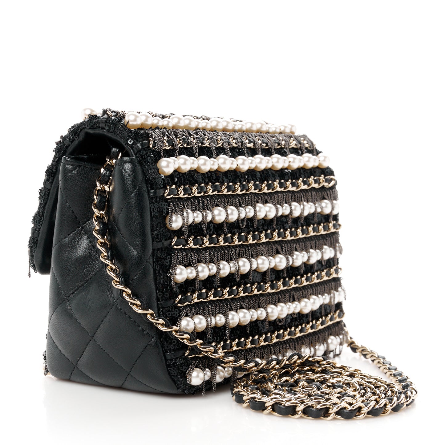 Lambskin Sequin Pearl Chain Fringe Mini Flap Black