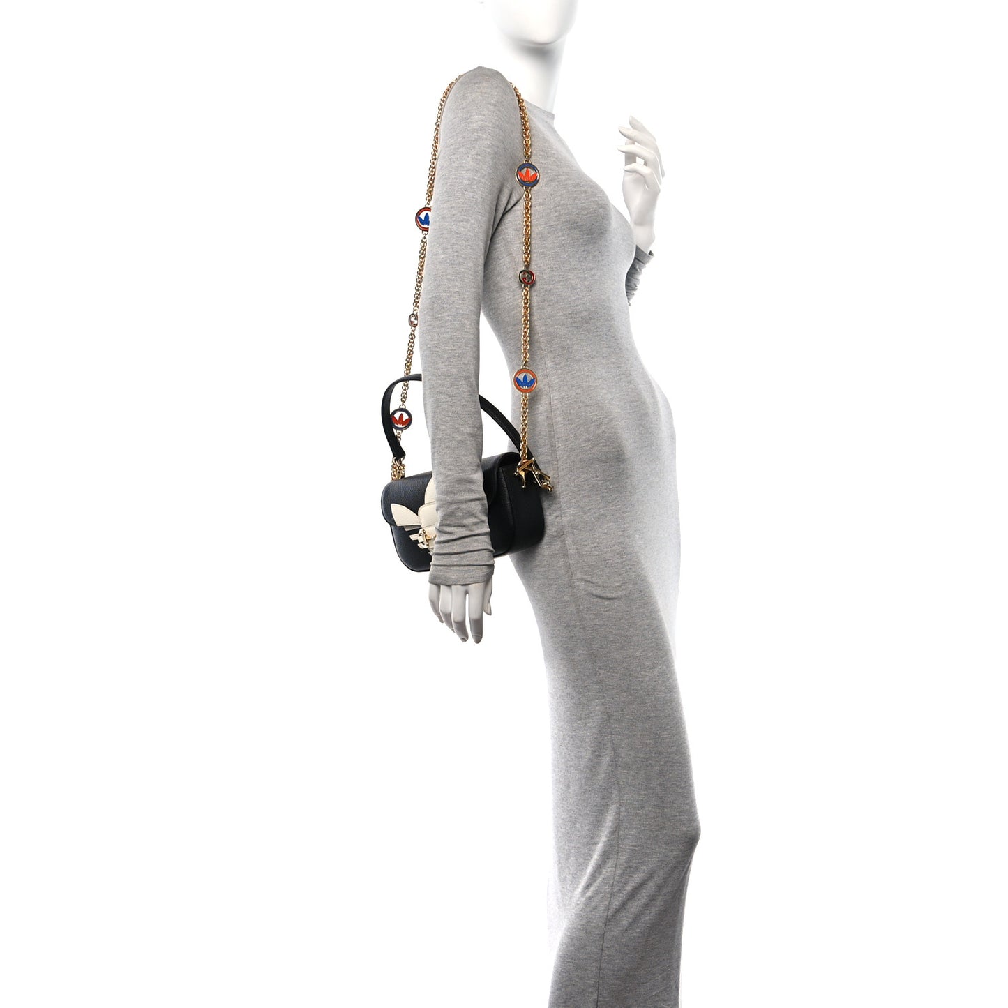 X ADIDAS Textured Dollar Calfskin Web Small Trefoil Horsebit 1955 Shoulder Bag Black Off White