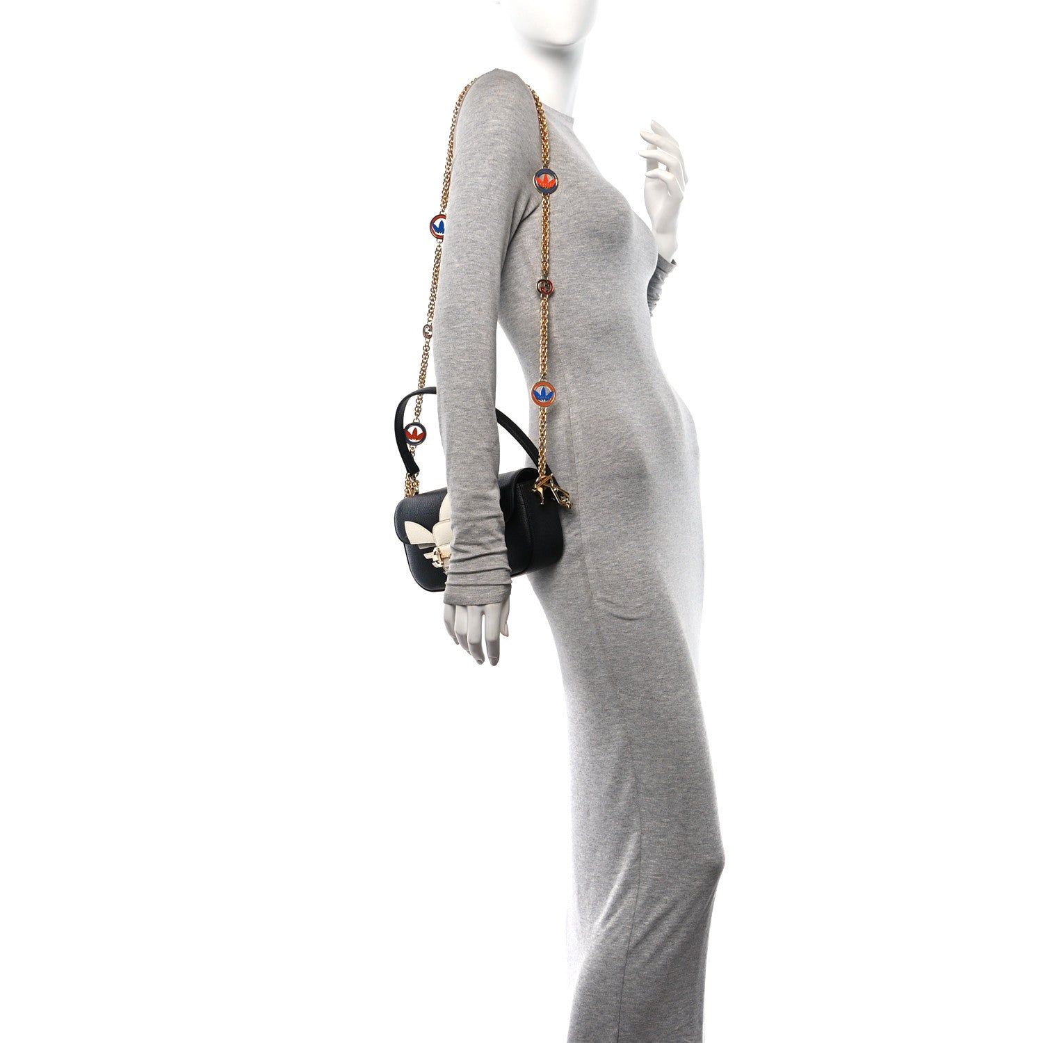 Gucci X ADIDAS Textured Dollar Calfskin Web Small Trefoil Horsebit 1955 Shoulder Bag Black Off White 2 of 10