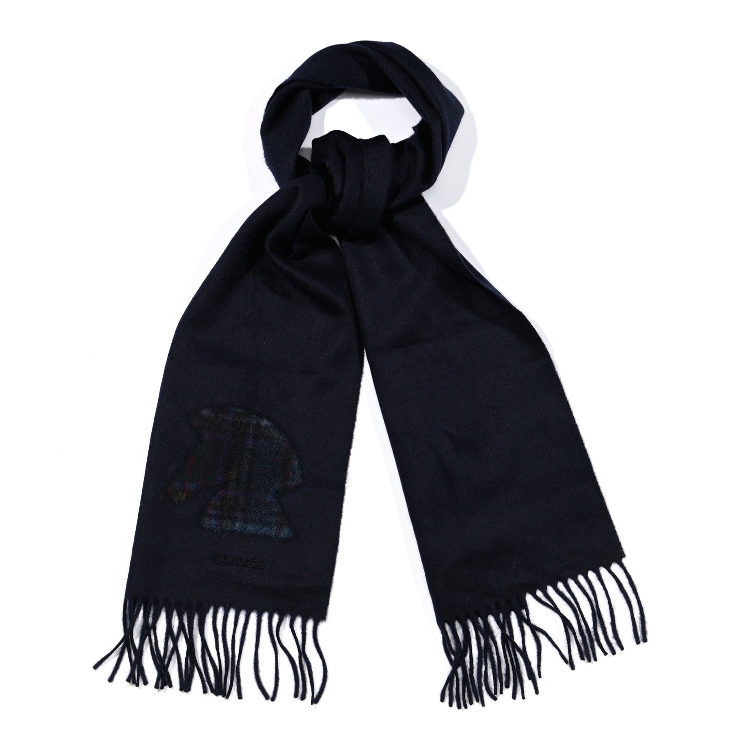 Hermes Cashmere Highlands Embroidered Patch Muffler Marine 1 of 5