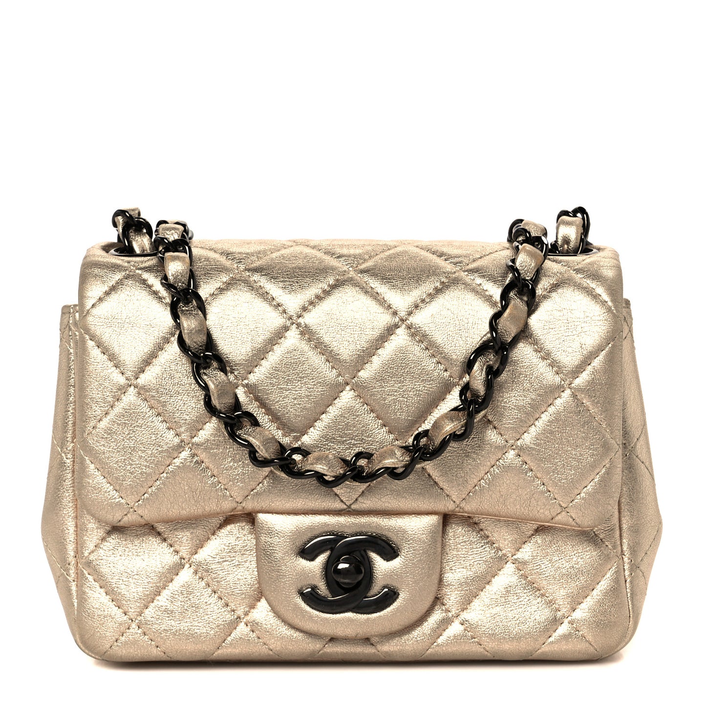 Metallic Lambskin Quilted Mini Square Flap Gold Black