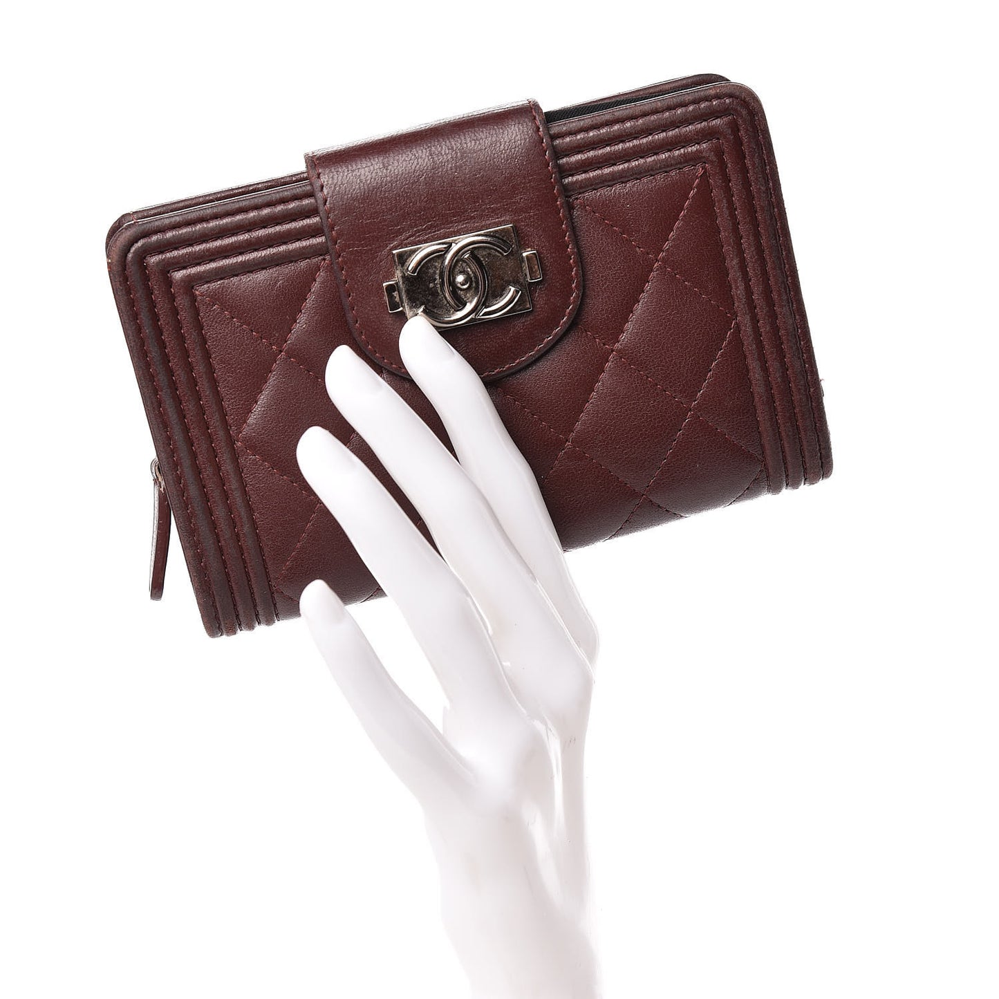 Lambskin Quilted Boy Zipped Pocket Wallet Burgundy