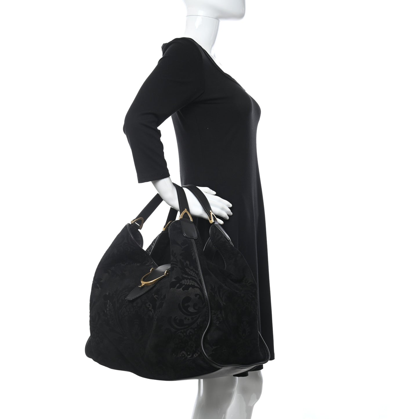 Nubuck Brocade Large Soft Stirrup Shoulder Bag Black