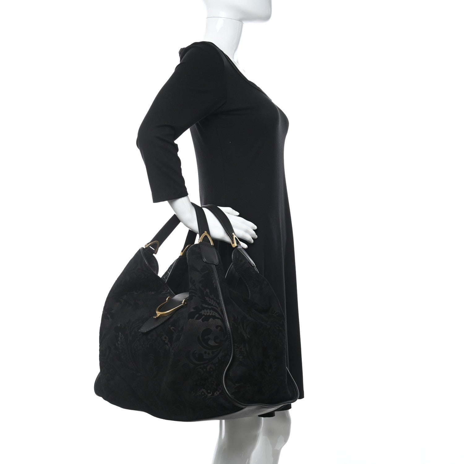 Gucci Nubuck Brocade Large Soft Stirrup Shoulder Bag Black 2 of 9
