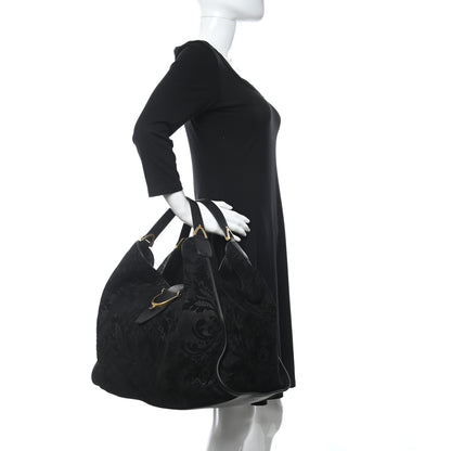 Gucci Nubuck Brocade Large Soft Stirrup Shoulder Bag Black 2 of 9