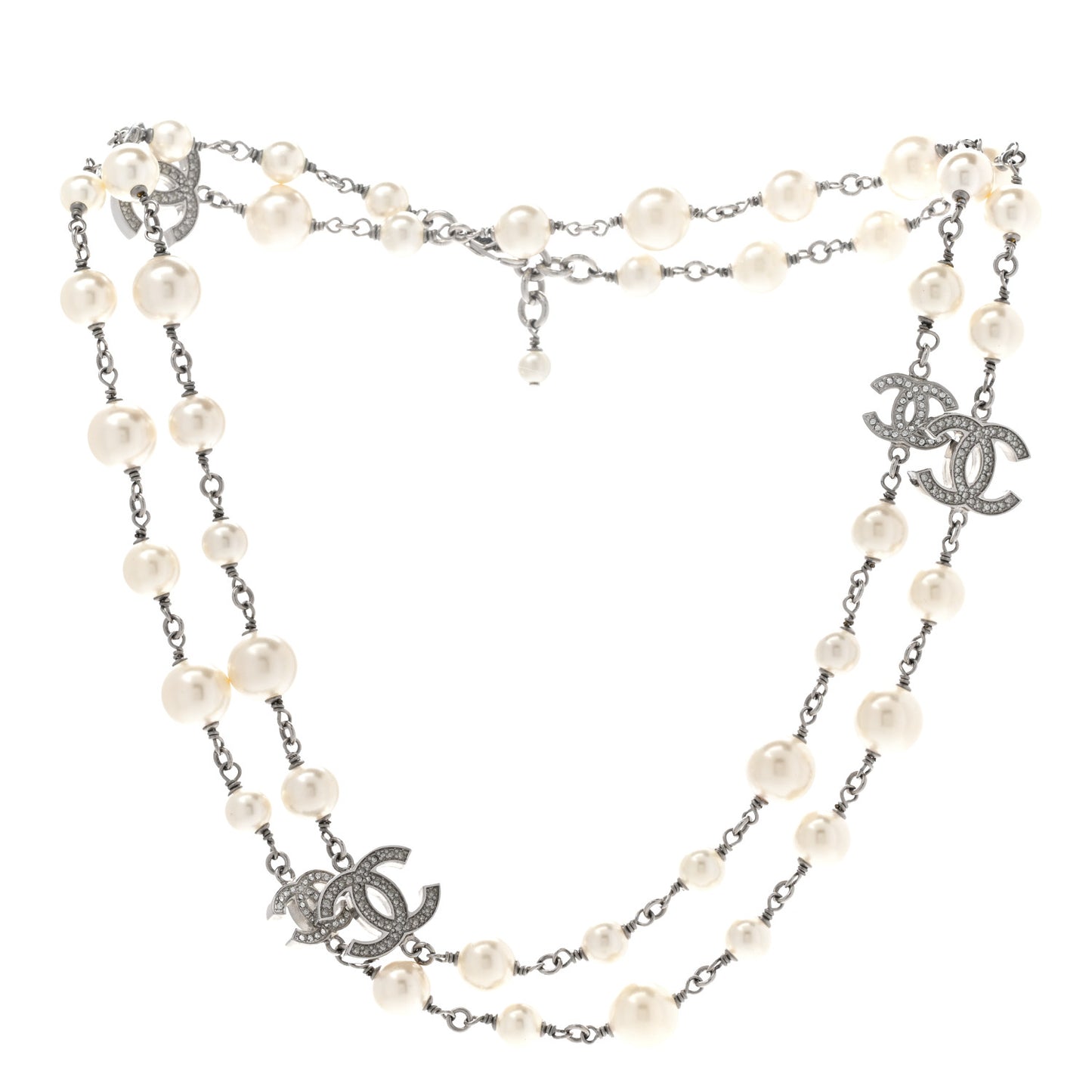 Crystal Pearl CC Long Necklace Silver