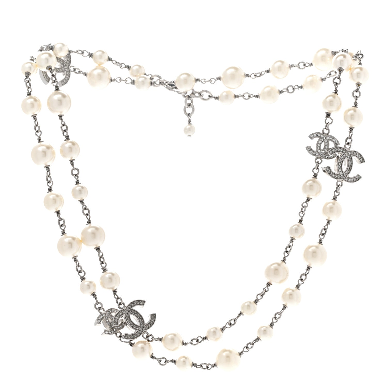 Chanel Crystal Pearl CC Long Necklace Silver 3 of 7